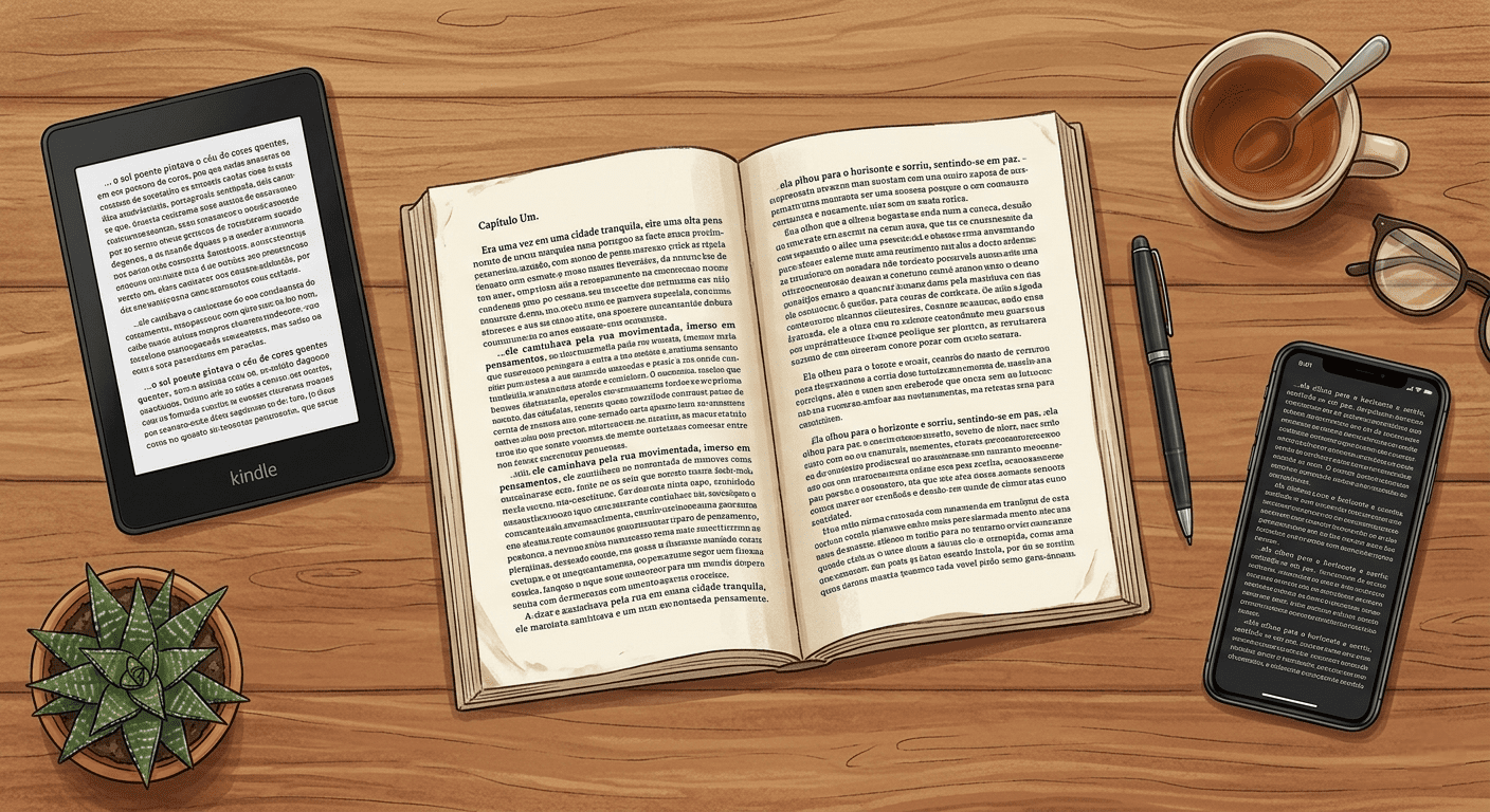 Escrivaninha com um Kindle, um livro aberto e um celular rodando um aplicativo de leitura.