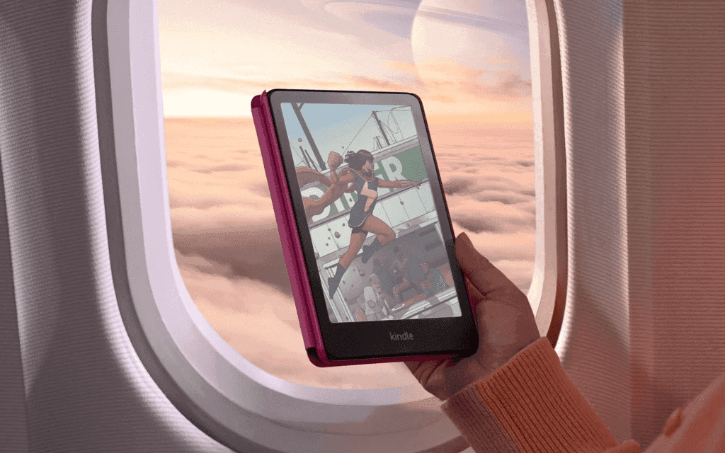 Kindle Colorsoft displaying a colorful illustration of a superheroine.