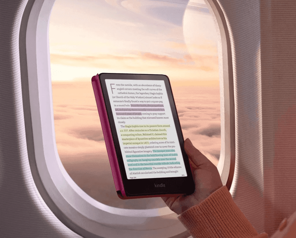Highlighting in color on Kindle - With Kindle Colorsoft, you can highlight in yellow, orange, blue, and pink.